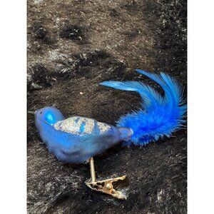 Vintage Blue Bird Clip-On Ornament With Glitter Accents & Feather Tail